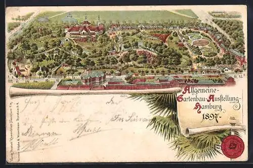 Lithographie Hamburg, Allgemeine Gartenbau-Ausstellung 1897, Panorama