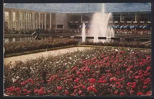 AK Essen, GRUGA Grosse Ruhrländische Gartenbau-Ausstellung 1929, Wasserterrassen mit Hauptfontaine u. Gaststätten