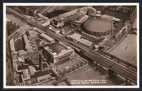 AK Ausstellung, South Bank Exhibition, Festival of Britain, 1951, Fliegeraufnahme von Gelände