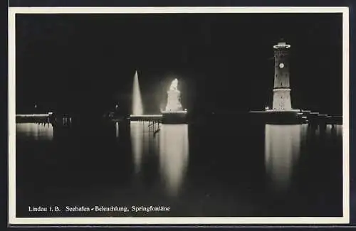 AK Lindau i. B., Seehafen mit Springfontäne bei Beleuchtung