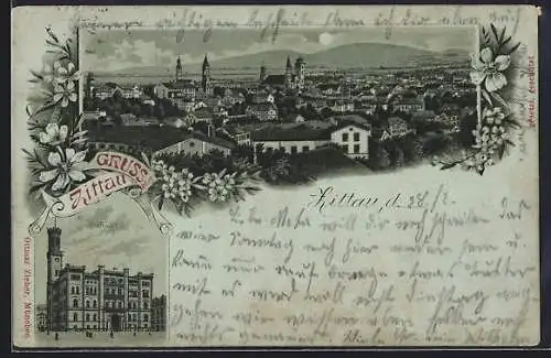 Mondschein-Lithographie Zittau, Rathaus, Totalansicht aus der Vogelschau, Blumen