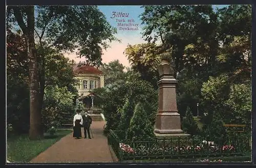 AK Zittau, Park mit Marschner-Denkmal u. Gebäude