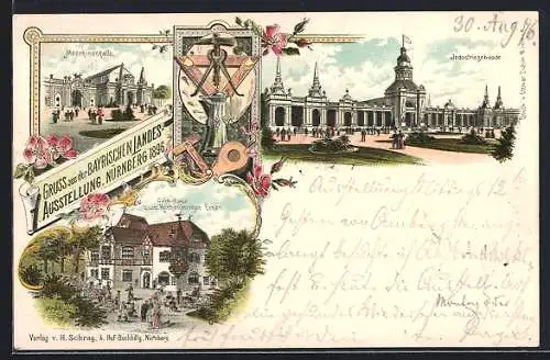 Lithographie Nürnberg, Bayrische Landes-Ausstellung 1896, Industriegebäude, Maschinenhalle, Cafe zum Rothenburger Erker