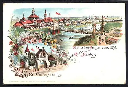 Lithographie Hamburg, Gartenbau-Ausstellung 1897, Thor am Holsenplatz, Ausstellungshalle mit Brücken