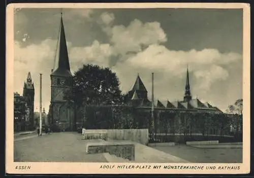 AK Essen,  Platz mit Münsterkirche & Rathaus
