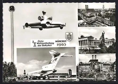AK München, 1. Weltausstellung des Verkehrs 25.06.-03.10.1965, Frauenkirche und Rathaus, Bavaria, Flughafen Riem