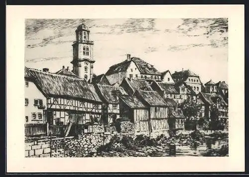 Künstler-AK Lauterbach / Hessen, Uferpartie an der Lauter