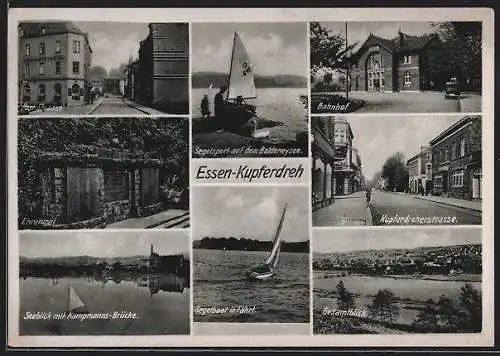 AK Essen-Kupferdreh, Poststasse, Bahnhof, Seeblick mit Kampmanns-Brücke, Ehrenmal, Kupferdreherstrasse, Segelsport