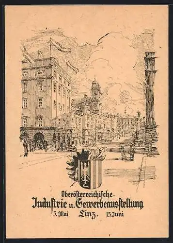 Künstler-AK Linz, Oberösterreichische Industrie- und Gewerbeausstellung 1946, Strasse in der Stadt