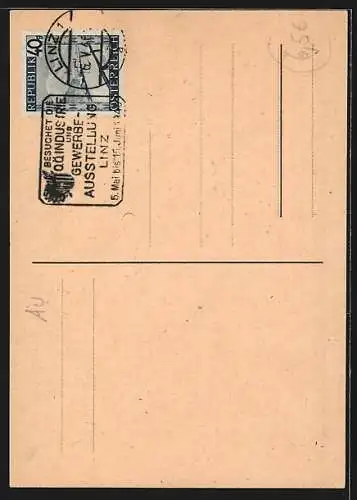 Künstler-AK Linz, Oberösterreichische Industrie- und Gewerbeausstellung 1946, Strasse in der Stadt