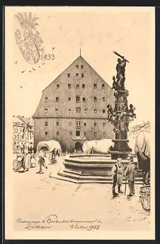Künstler-AK Zittau, Jubiläumskarte 1933, Strassenleben in der Neustadt, Wappen