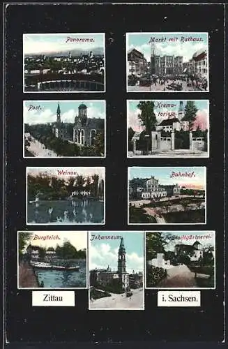 AK Zittau i. Sachsen, Markt mit Rathaus, Post, Bahnhof und Stadtgärtnerei