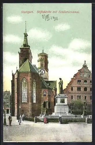 AK Stuttgart, Stiftskirche mit Schillerdenkmal