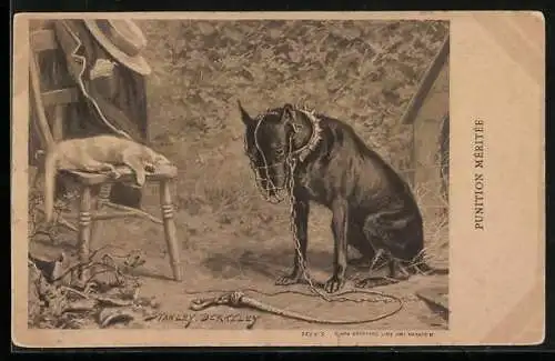Künstler-AK sign. Stanley Berkeley: Punition Méritée, Hund mit Maulkorb bestraft