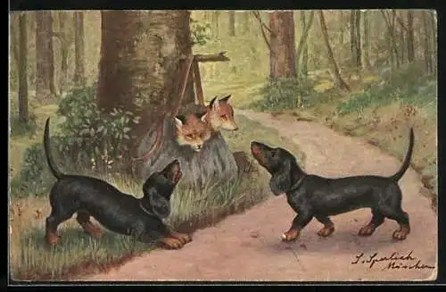 Künstler-AK Zwei Dackel finden zwei Füchse in einer Tasche im Wald
