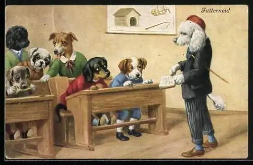 AK vermenschlichter Pudel unterrichtet als Lehrer Hundekinder in der Schule