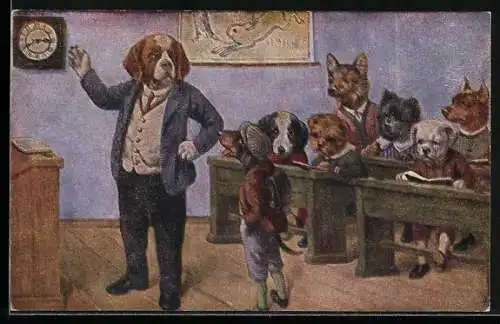 AK Vermenschlichte Tiere, Frechdachs in der Hundeschule