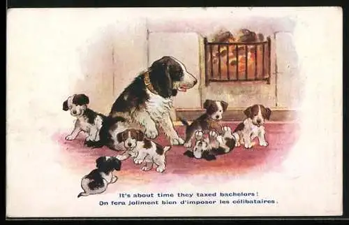 Künstler-AK Jagdhund mit seinem Wurf am Kaminfeuer