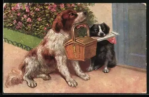 AK zwei Hunde mit Korb und Zeitung im Maul