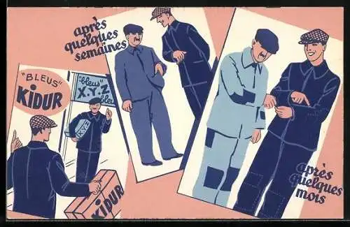 AK Männer in Arbeitskleidung, Reklame für Bleus Kidur