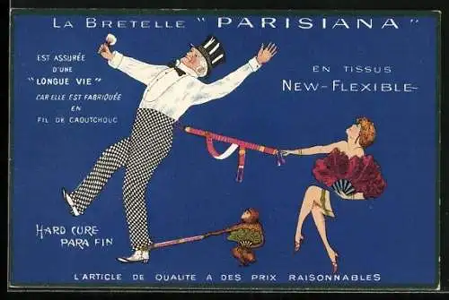 AK Reklame für Strapse, Hosenträger Parisiana, Kokette Frau zieht Herrn am Hosenträger