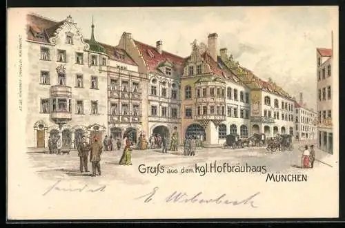 Lithographie München, Gasthof Münchner Hofbräuhaus, Passanten und Kutschen