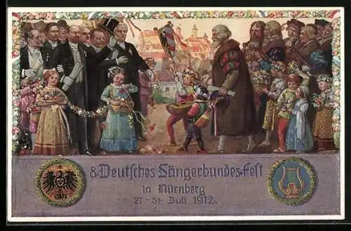AK Nürnberg, VIII. Deutsches Sängerbundfest 1912, geschmückte Kinder, Harfe, Wappen