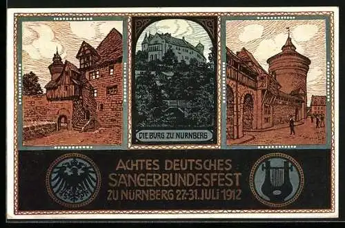 AK Nürnberg, VIII. Deutsches Sängerbundfest 1912, Burg zu Nürnberg, Harfe, Wappen