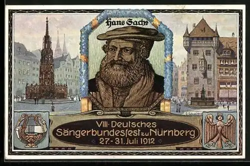 AK Nürnberg, VIII. Deutsches Sängerbundfest 1912, Hans Sachs, Harfe
