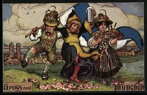 AK München, Deutsche-Brauerei-Ausstellung 1926, Münchner Kindl, drei Kinder in Tracht