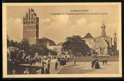 AK Darmstadt, Hochzeitsturm, Ausstellungsgebäude & russische Kapelle