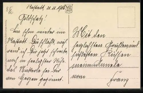 Lithographie Rettungsschirm mal anders, Zwei Dackelwelpen geschützt unter Regenschirm vor Katze