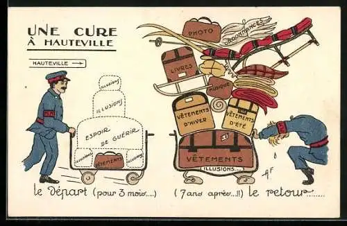 Künstler-AK Hauteville, Une Cure, le depart et le retour