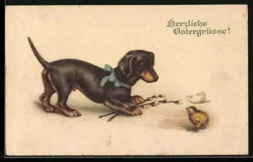 AK Ostergruss mit Dackel und Küken