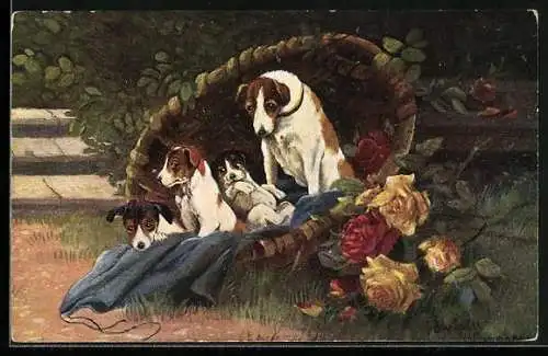 Künstler-AK niedliche Terrier-Familie in einem Hundekorb im Blumenbeet