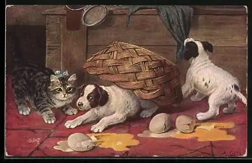 Künstler-AK Terrier und eine Katze haben einen Korb mit Eiern umgeworfen