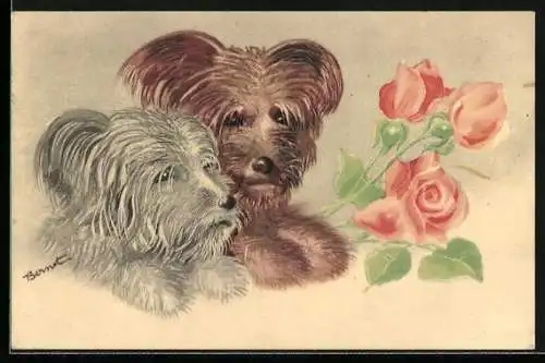 AK zwei Terrier mit Rosenstrauss