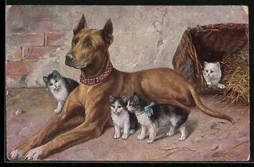 Künstler-AK Tierfreundschaft zwischen Dogge und Kätzchen