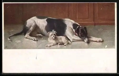 Künstler-AK Carl Reichert: Liegender Windhund mit kleinem Gefährten