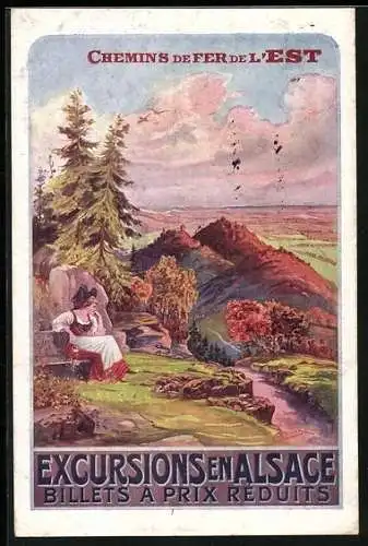Künstler-AK Chemin de Fer de l`Est, Excursion en Alsace, Landschaft und Voilkstracht, Tourismus