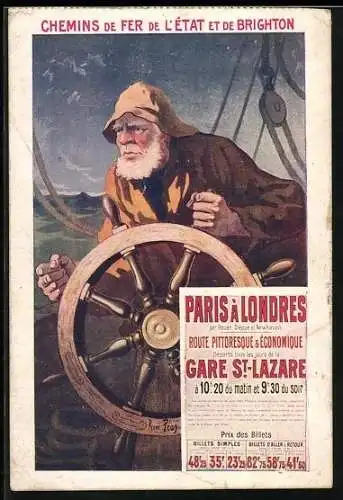Künstler-AK Chemins de Fer de l`Ouest et de Brighton, Semann am Steuerrad, Werbung für Tourismus