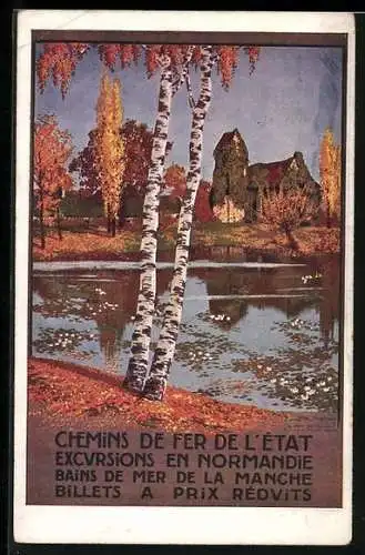 AK Normandie, Partie am See, Reklame der Chemins de Fer de L`Etat, Tourismus, Birken