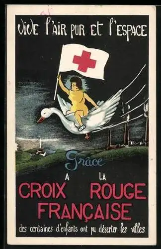 AK Kleinkind auf fliegender Gans mit Rotes Kreuz-Fahne