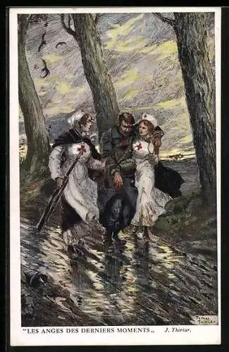 Künstler-AK Rotes Kreuz, Krankenschwestern tragen einen verwundeten Soldaten