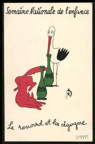 Künstler-AK F. Lesourt: Semaine Nationale de l`enfance - Le renard a la cigogne, Kinderfürsorge