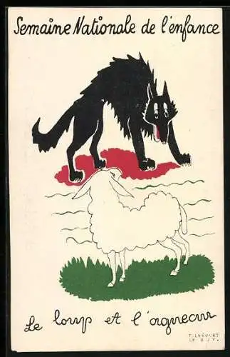 Künstler-AK F. Lesourt: Semaine Nationale de l`enfance - Le loup a l`agneau, Kinderfürsorge
