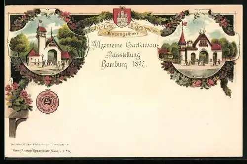 Lithographie Hamburg, Allgemeine Gartenbau-Ausstellung 1897, Eingangstore, Millerntor & Holstentor
