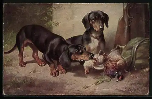 Künstler-AK Carl Reichert: Dackel mit Beutevögeln im Jägerrucksack