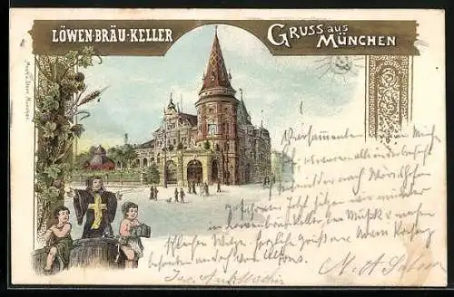 Lithographie München, Gebäude des Gasthaus Löwenbräu-Keller, Münchener Kindl mit zwei Knaben