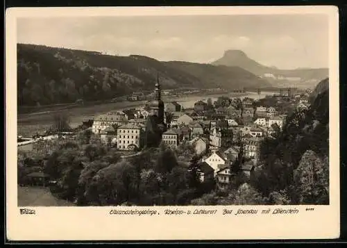 Foto-AK Walter Hahn, Dresden, NR: 4111, Elbsandsteingebirge, Kneipp- und Luftkurort Bad Schandau mit Lilienstein